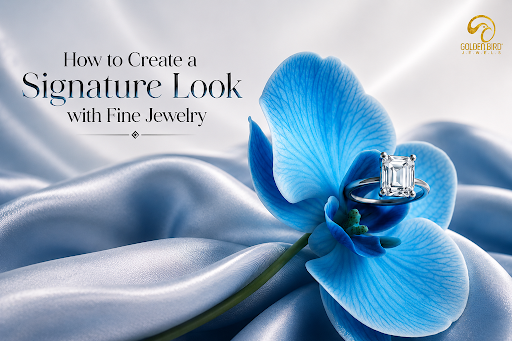 Golden Bird Jewels emerald cut diamond ring displayed on a blue orchid over soft silk fabric