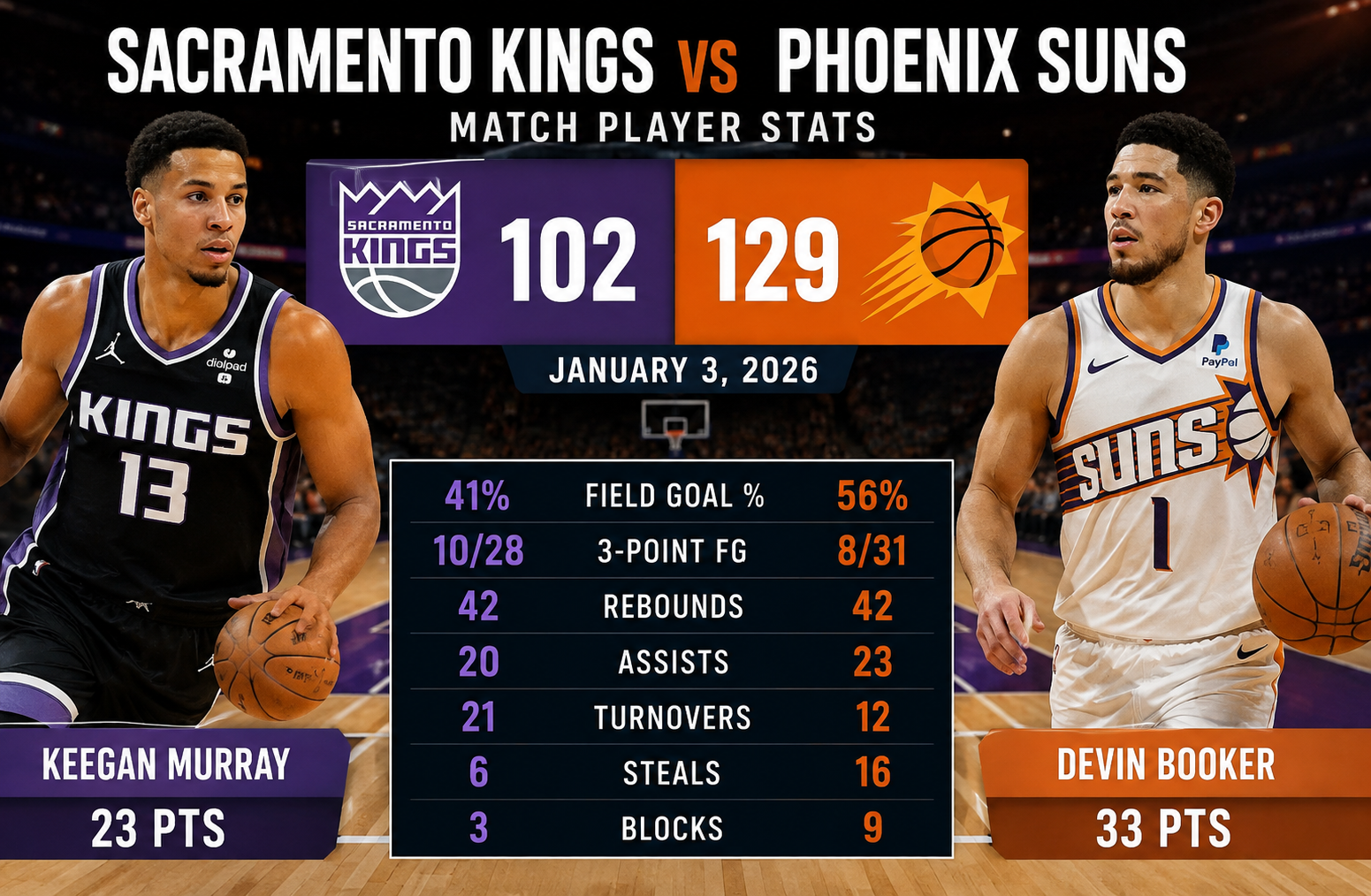 Sacramento Kings vs Phoenix Suns Match Player Stats