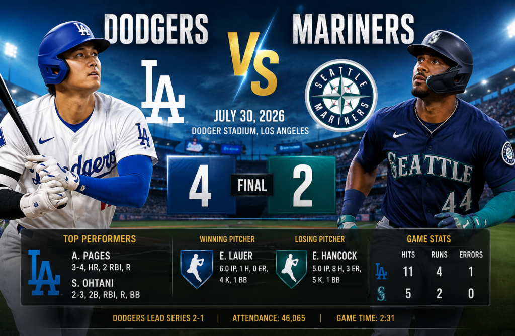 dodgers vs seattle mariners match player stats