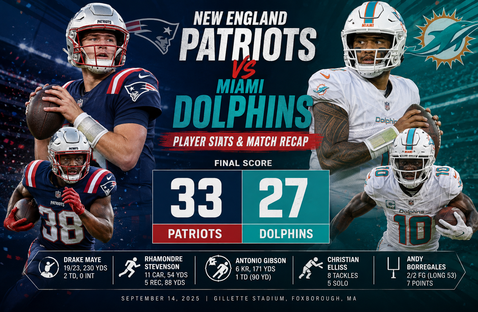 new england patriots vs miami dolphins match player stats