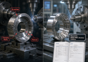 LS Manufacturing single-setup vs traditional defective CNC part comparison.