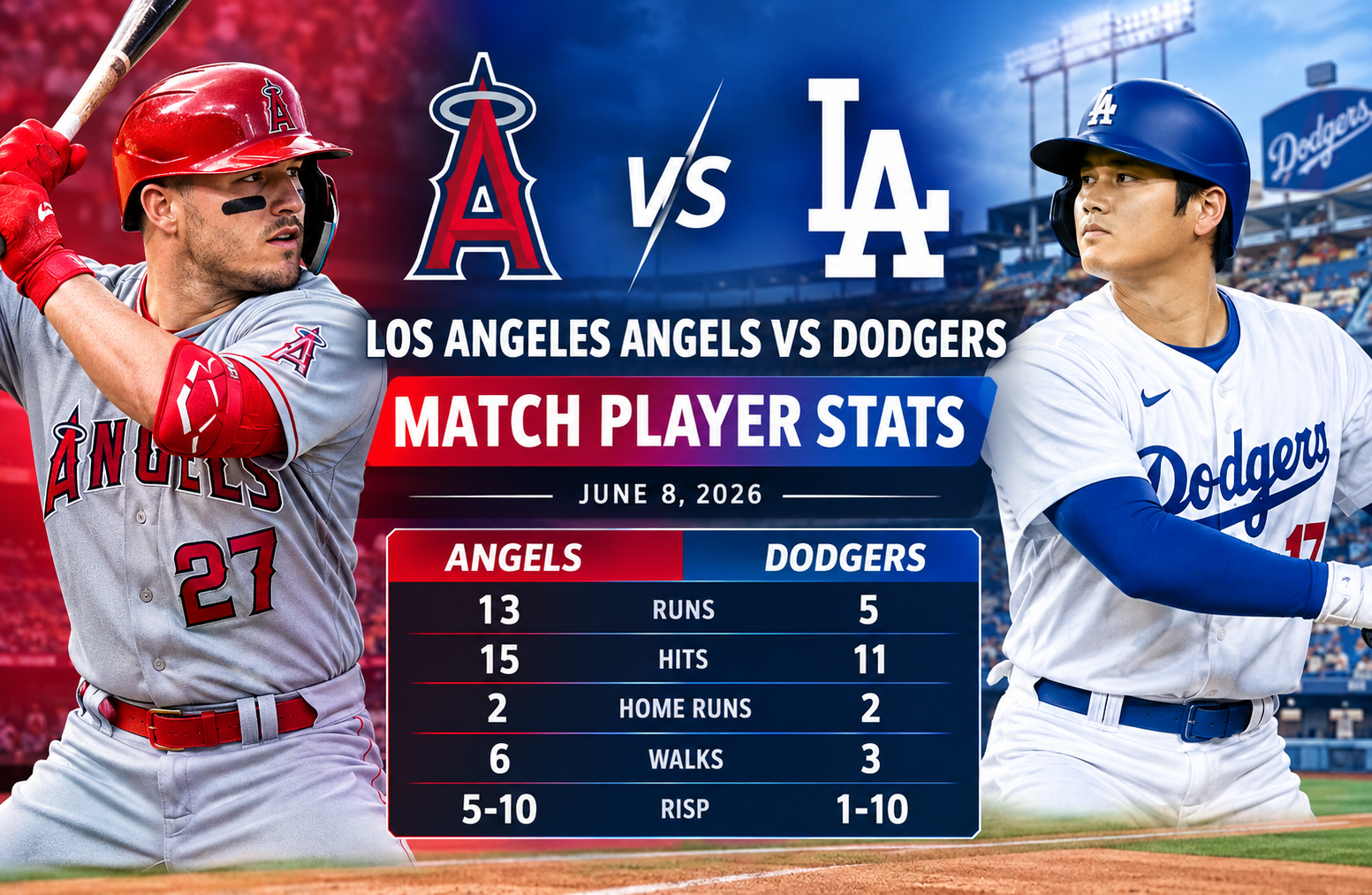 los angeles angels vs dodgers match player stats