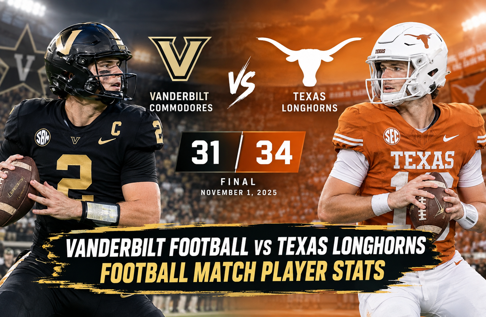 vanderbilt football vs texas longhorns football match player stats